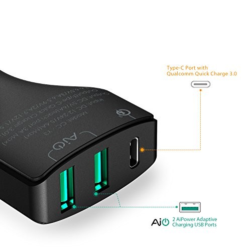 AUKEY Quick Charge 3.0 USB C Chargeur de Voiture 3 Ports 49.5W pour Nexus 6P, Nexus 5X, LG G5 et autres appareils compatibles avec Type C ; un câble USB C vers USB C inclus