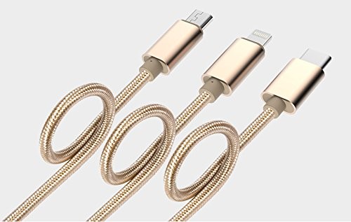 Eximtrade 3in1 USB Câble de Charge Anti-Enchevêtrement Nylon avec Micro USB et Lightning et USB Type-C Connecteurs pour Apple iPhone 5/5c/5s/6/6s/6 Plus/6s Plus, iPad Mini/Mini 2/Min 3/Air/Air 2/4, Macbook 12", Samsung Galaxy S4/S5/S6/S6 Edge/S6 Edge Plus