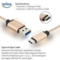 Type C Cable, Ogima? USB-C 3.1 de type C Homme à la norme USB 3.0 Type A Male Cable Cable de données avec connecteur réversible pour Nexus 6P, Nexus 5X, OnePlus 2, Nouveau Macbook 12 pouces, Google Chromebook Pixel, Nokia N1, Pixel C, et autres de type C 