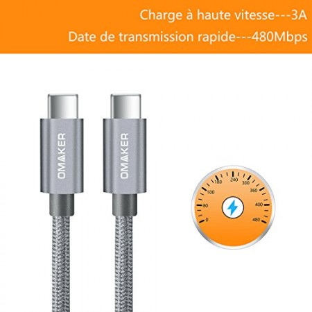 Omaker Câble USB C vers USB C 2.0 Mâle 2m Câble Type C pour Macbook, ChromeBook Pixel, Tablette Nokia N1, LaCie Disque Dur Externe, Nexus 6P, Nexus 5X, Lumia 950/950XL et Autres (Argenté)